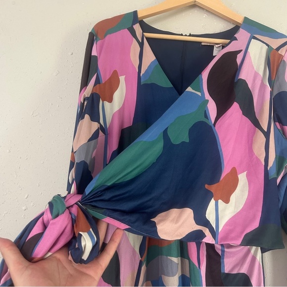 Hutch Pink and Blue Long Sleeve Faux Wrap Sundress Colorblock Mini Dress Casual - Picture 4 of 8